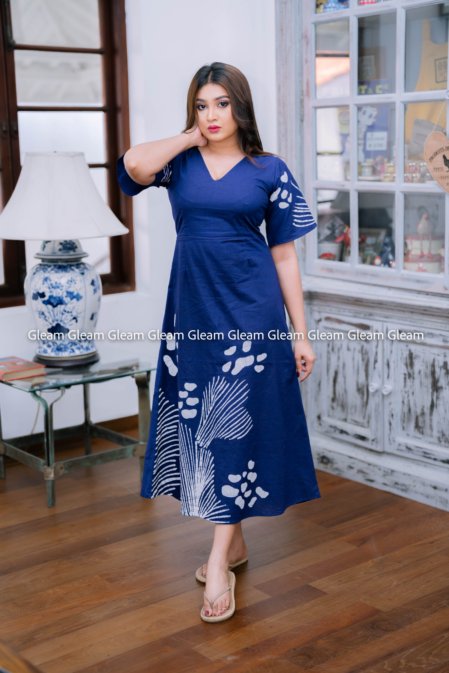 dress design sri lanka Navy Blue Batik Midi | Ocean Mist content-model:mik Blue Chiffon Midi Dress Family Size:30/32