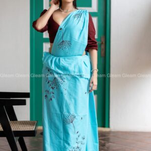 Sky Blue Maroon Printed Saree - Image 5