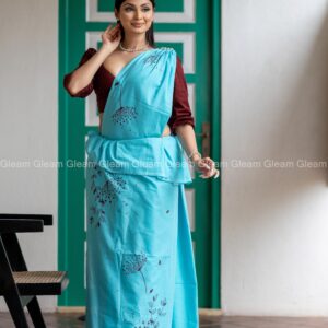 Sky Blue Maroon Printed Saree - Image 3