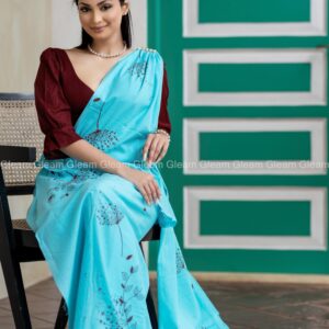 Sky Blue Maroon Printed Saree - Image 1